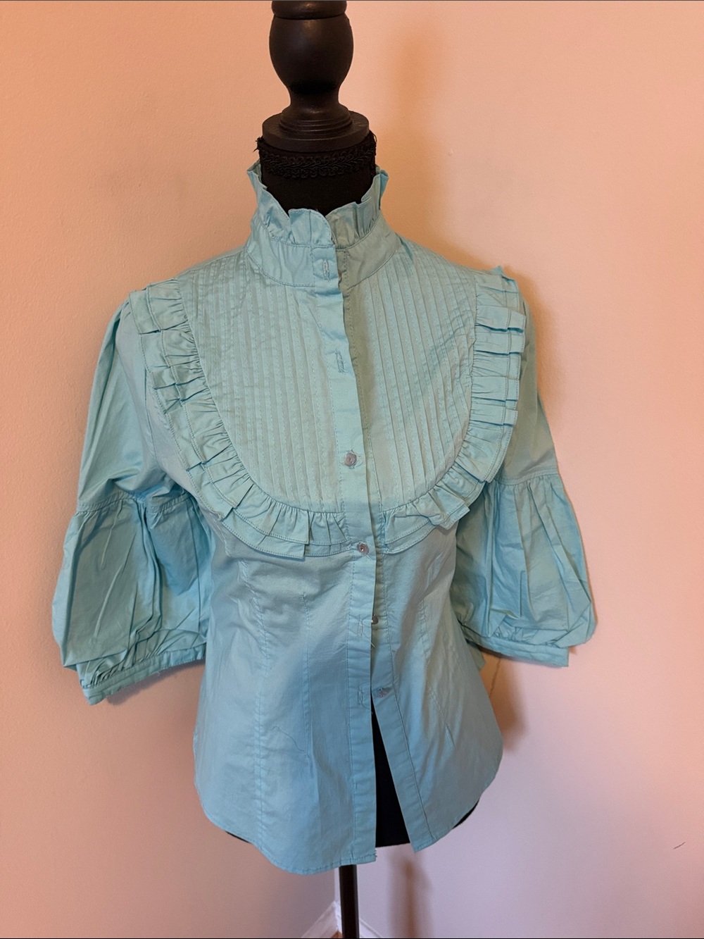 iris Light Blue Ruffled Bib Front Blouse